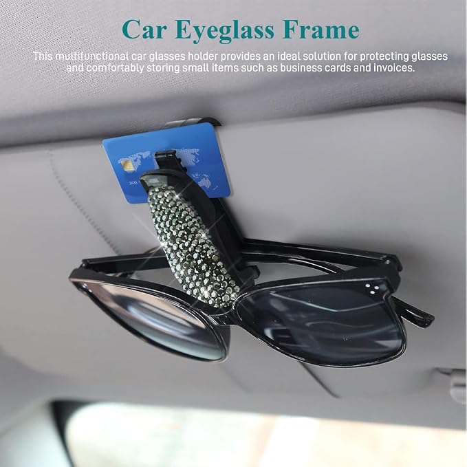 2PCS Glasses Holders for Car Sun Visor, Fashion Bling Crystal Rhinestones Car Eyeglasses Sunglasses Hanger Mount with Ticket Card Clip, Universal Vehicle Visor Accessories for Women Men (Bright black) - Image 3