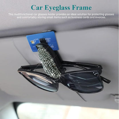 2PCS Glasses Holders for Car Sun Visor, Fashion Bling Crystal Rhinestones Car Eyeglasses Sunglasses Hanger Mount with Ticket Card Clip, Universal Vehicle Visor Accessories for Women Men (Bright black) - Image 3