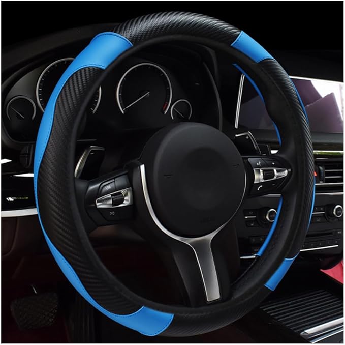 povtii Car Steering Wheel Cover, 15 Inch Leather Breathable Auto Steering Wheel Protector, Comfortable Non-Slip Vehicle Steering Wheel Covers, Universal Interior Car Accessories (Black+Blue) by povtii