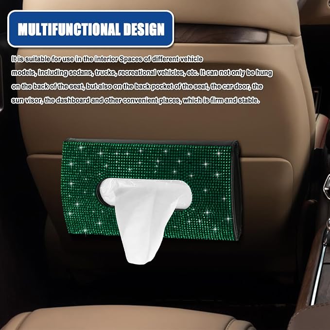 Bling Car Sun Visor Tissue Box Holder, Visor Accessories, Rhinestone PU Leather Crystal Sparkling Napkin Holder, Auto Sun Visor Paper Towel Cover Case Accessories for Most Cars (Green) - Image 6