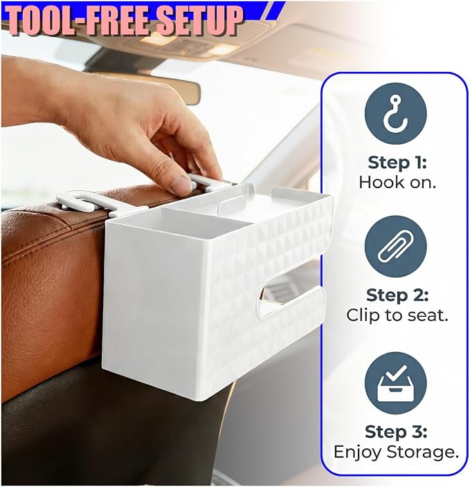 Car Back Seat Organizer, Automotive Drink Cup Holder with Hooks, Multifunctional Tissue Storage Box with Phone Holder, Vehicle Interior Organizer Accessories for Sedan, SUV, Truck (White) - Image 5