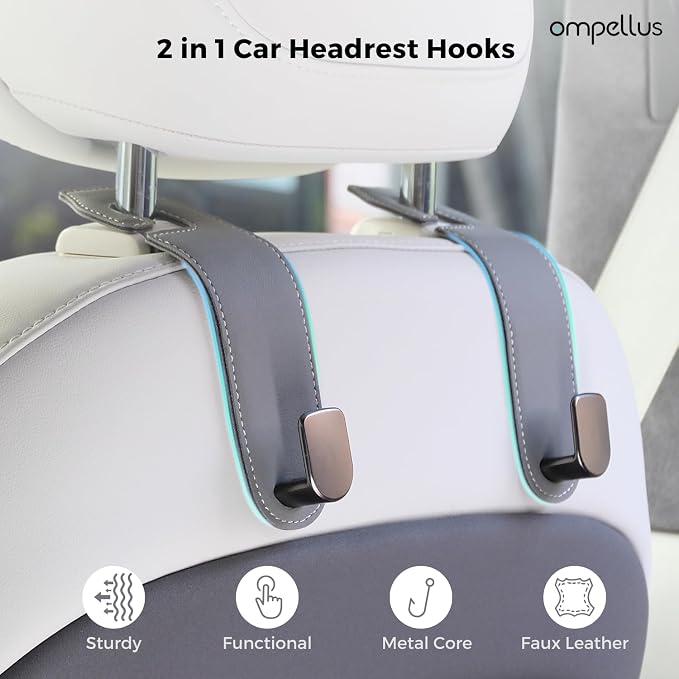 Car Purse Holder,2 Pack Leather Car Purse Hook,Car Organization Accessories | Sturdy Metal Core, Premium Leather Wrapped, Universal Fit for Most Vehicle Seat Headrest, 360-degree Rotation,Easy to Install - Image 2