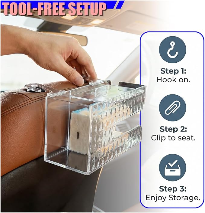 Car Back Seat Organizer, Automotive Drink Cup Holder with Hooks, Multifunctional Tissue Storage Box with Phone Holder, Vehicle Interior Organizer Accessories for Sedan, SUV, Truck (Clear) - Image 5