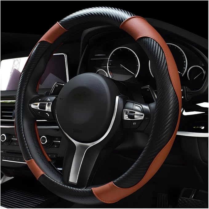 DXNQ Car Steering Wheel Cover, 15 Inch Carbon Fiber Leather Stitching Color Steering Wheel Protector, Anti-Slip Elastic Breathable Steering Wheel Cover Stylish Decor for Most Cars (Black & Coffee) by DXNQ