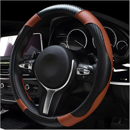 DXNQ Car Steering Wheel Cover, 15 Inch Carbon Fiber Leather Stitching Color Steering Wheel Protector, Anti-Slip Elastic Breathable Steering Wheel Cover Stylish Decor for Most Cars (Black & Coffee) by DXNQ