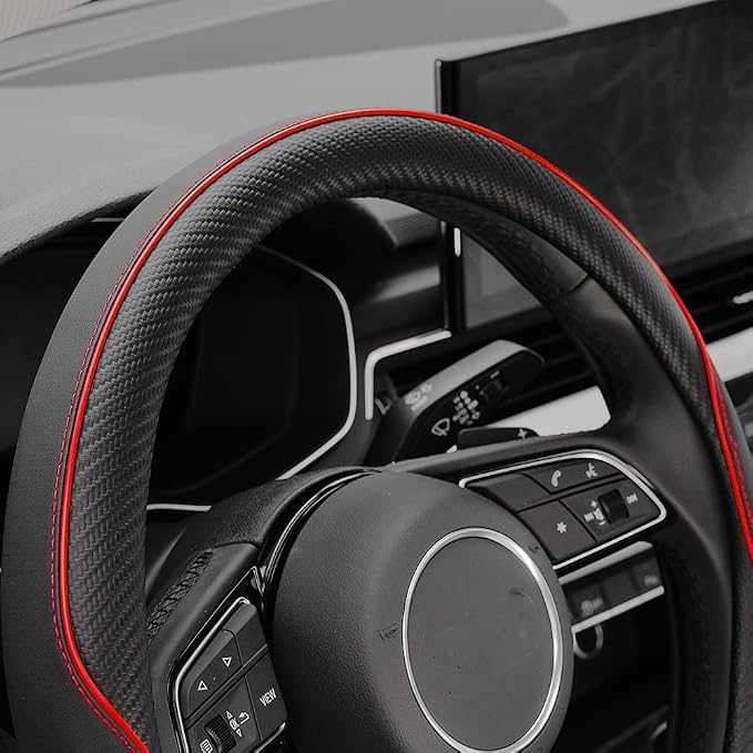 YHONGJT Soft Microfiber Leather Anti-Slip Car Steering Wheel Cover, Universal 15 Inch, Fit Vehicles, Sedans, SUVS, Vans, Trucks - Black with Red Line - Image 6