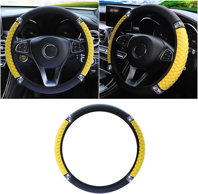 JOYCOURT 15 Inch Bling Soft Leather Car Steering Wheel Cover, Yellow | Colorful Rhinestones Design, Auto Elastic Protector for Women Girls, Crystal Diamond Car Accessories for Most Cars, SUVs by JOYCOURT