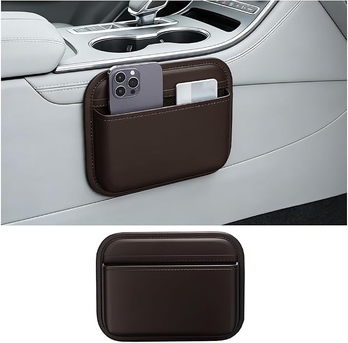 Car Seat Side Pocket Organizer, Self-Adhesive Leather Vehicle Seat Console Storage Pouch Box for Phones, Keys, Pens, Auto Interior Door Organizer Pocket Bag, Universal for Vehicles (Coffee) by Unknown
