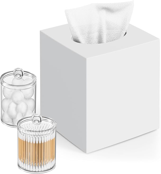 Square Acrylic Tissue Box Cover with 2 Pcs Qtip Holder Dispenser,White | Modern decor,plastic,bathroom vanity storage organizer set,non-slip,Easy to refill,size compatibility for tissue & rolls by Chintu