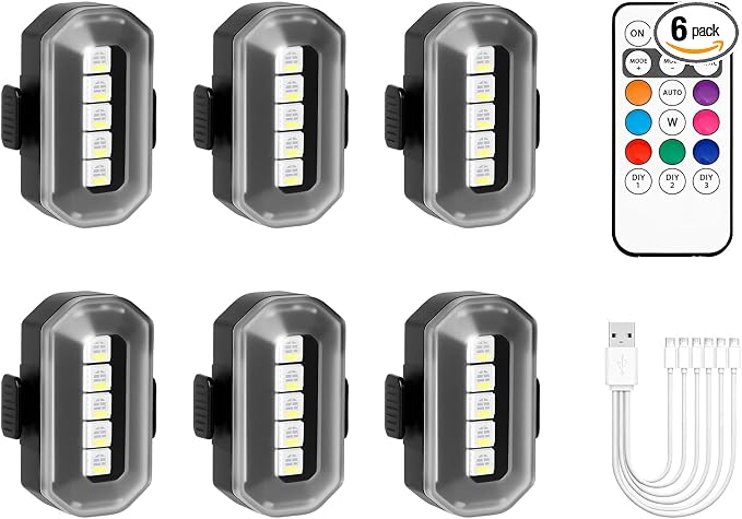 Upgraded 6PCS Wireless Strobe Lights for Car Motorcycle Bike Remote Bright 5 LEDs Anti Collision Lighting USB-C Rechargeable RGB Mini Exterior Warning Flashing Interior Ambient Light IP67 Waterproof by PIFOOG