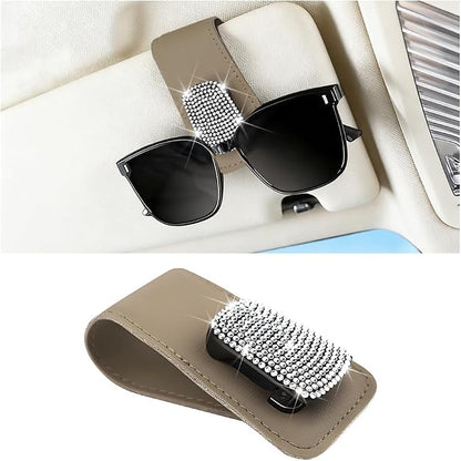 Bling Car Sun Visor Sunglasses Holder, Crystal Rhinestone Leather Visor Eyeglasses Ticket Card Mounter Clip, Shiny Diamond Auto Glasses Hanger Holder, Universal Fit (Beige/White) by Unknown