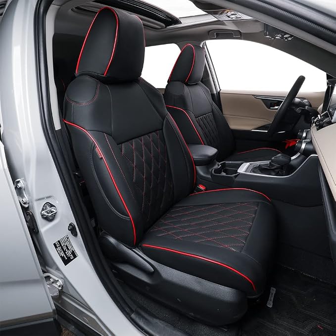 EKR Rav4 Seat Covers Custom Fit for Toyota Rav4 2021-2024 Prime SE,XSE & 2019-2025 Hybrid/PHEV SE,XSE, Leather Car Seat Cover Full Set for SUV,Faux Leather(Black with Red Trim) by EKR