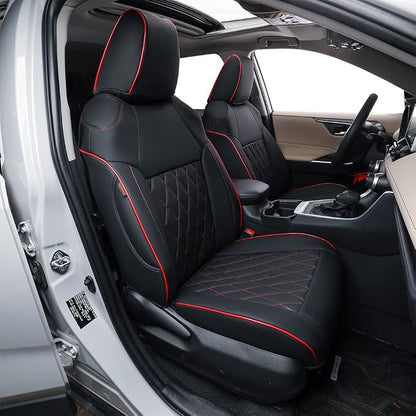 EKR Rav4 Seat Covers Custom Fit for Toyota Rav4 2021-2024 Prime SE,XSE & 2019-2025 Hybrid/PHEV SE,XSE, Leather Car Seat Cover Full Set for SUV,Faux Leather(Black with Red Trim) by EKR