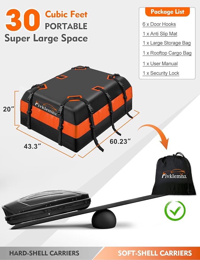30 Cubic Rooftop Cargo Carrier Waterproof Soft Car Roof Bag | for All Top of Vehicle with/Without Rack Includes Topper Anti-Slip Mat + Reinforced Straps + 6 Door Hooks + Luggage Lock - Image 5