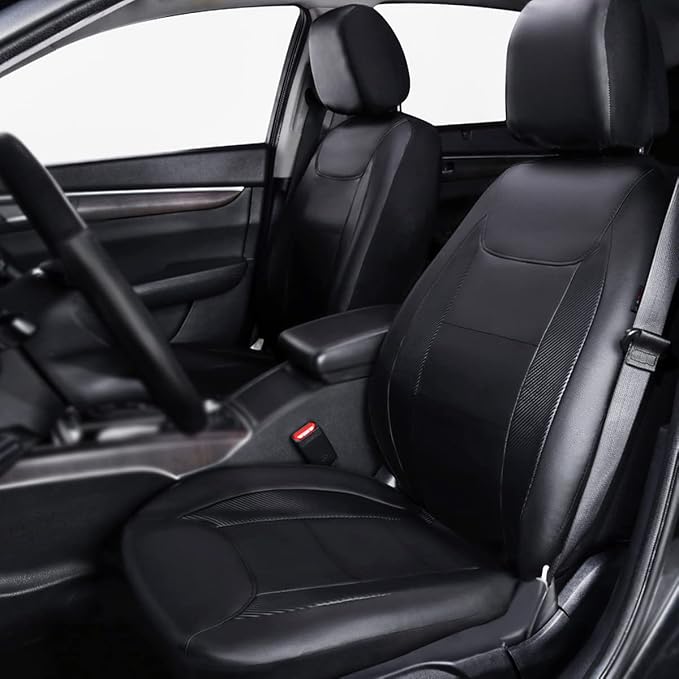 Flying Banner car seat Covers Protects Water Proof Faux Leather Carbon Fiber Fronts Solid Black (Solid Black, Front Pair) - Image 2