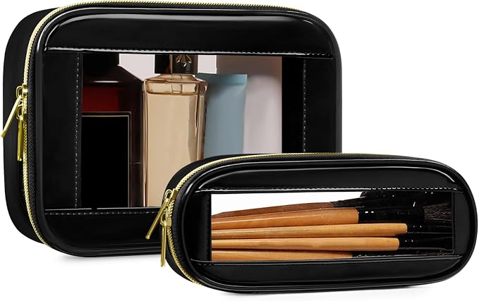 2-Piece Leather Clear Makeup Bag Set, Clear Cosmetic Bag with Zipper, Waterproof Makeup Brush Bag, TSA Approved Toiletry Bag for Travel, Car Organization for Women (Black-2, Slim+Medium) by JRQCSJY