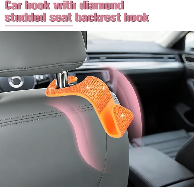 4PCS Bling Car Seat Headrest Hook, Crystal Rhinestone Backseat Hanger Organizer for Purse Handbag Umbrella, Shiny Auto Interior Seat Back Storage Holder Hook, Universal Fit (Orange) - Image 5