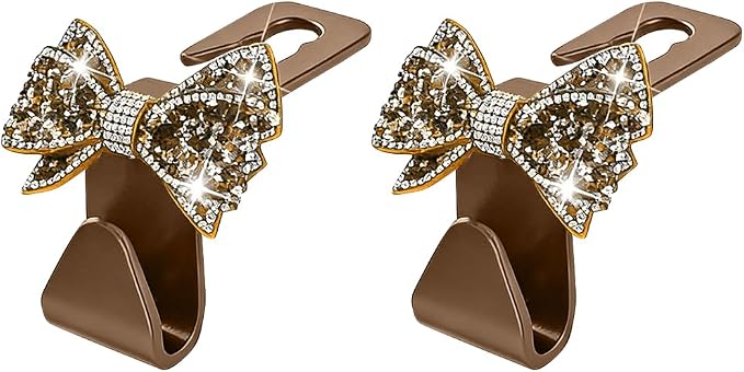 Zpana Bling Car Headreat Hook, 2PCS Crystal Rhinestone Cute Bow Vehicle Seat Back Hanger Storage for Purses Bags Grocery, Diamond Auto Rear Seat Organizer, Universal for SUV Truck Sedan (Gold) | PVC construction, rhinestone bow design, compact rear sea... - Image 7