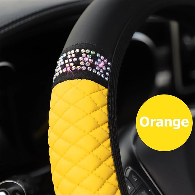 Osilly 15 Inch Rhinestone Leather Steering Wheel Cover, Yellow | breathable non-slip surface, flexible ringless design, hand-stretch setup, fits matching rim sizes, automotive accessories - Image 4