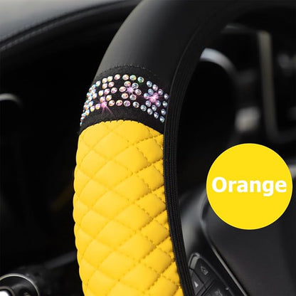 Osilly 15 Inch Rhinestone Leather Steering Wheel Cover, Yellow | breathable non-slip surface, flexible ringless design, hand-stretch setup, fits matching rim sizes, automotive accessories - Image 4