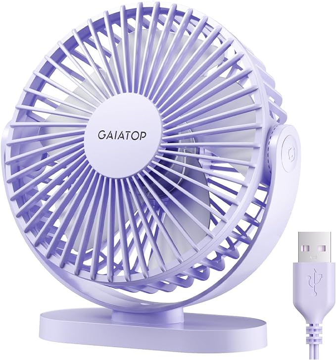 Gaiatop USB Desk Fan, 5.5 Inch Quiet 3 Speeds Small Portable Fan Purple | USB Powered, 5ft Cable, Mini Personal Desktop Table Fans, Powerful Cooling for Home, Office, Travel, Car, Indoor, Outdoor by GAIATOP