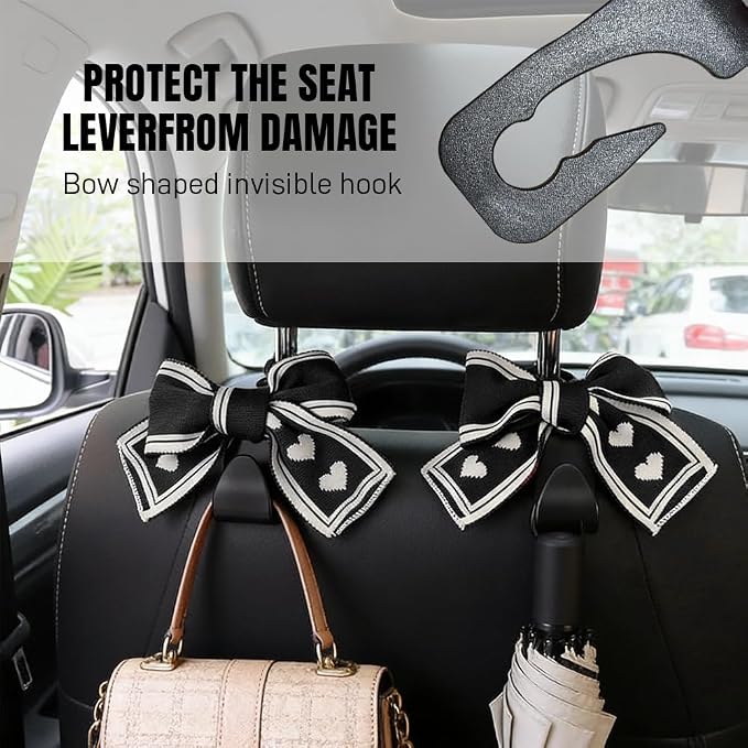 2PCS Car Seat Headrest Hooks, Car Purse Hook, Cute Bow Knot Vehicle Seatback Hanging Storage Organizer, Auto Seatback Decor Organizer Hanger for SUV Truck (Black/White) - Image 5
