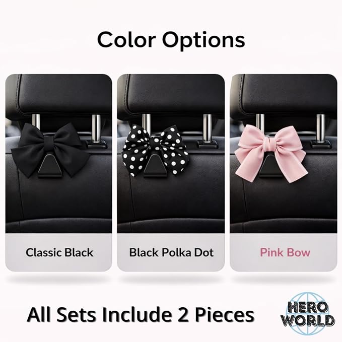Car Headrest Hooks 2 Pack Seat Back Hanger for Bags and Groceries Heavy Duty Auto Organizer Easy Install Storage Hook for Purse Handbag Shopping Bags (Pink Bow) - Image 3