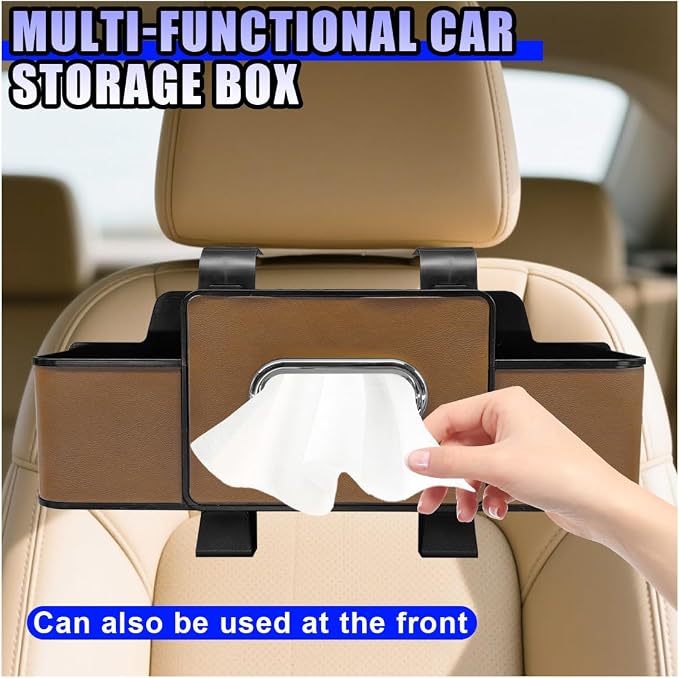 YoRise Multifunctional Car Back Seat Organizer, Leather Automotive Headrest Phone & Tissue & Cup Holder with Hooks, Family Travel Vehicle Backseat Storage Box for Drink, Snack, Handbag (Brown) - Image 6