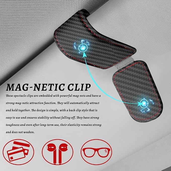 Sunglass Holder for Car, Car Sunglass Holder, Magnetic Leather Sunglasses Holder and Ticket Card Clip, Auto Multi-Functional Sun Visor Eyeglass Holders for SUV Pickup Truck (Carbon Fiber) - Image 5