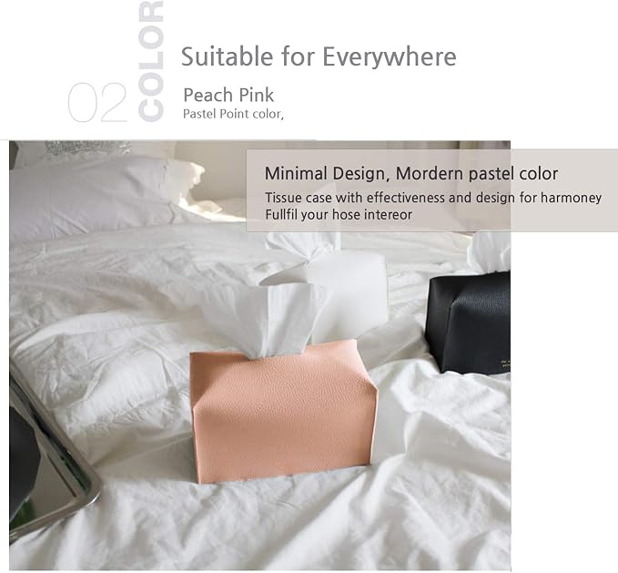 Carrotez Tissue Box Cover, [Refined] Modern PU Leather Rectangular Tissue Box Holder - Decorative Holder/Organizer for Bathroom Vanity Countertop, Night Stands, Office Desk 9.5"X5"X5" - Peach Pink - Image 3