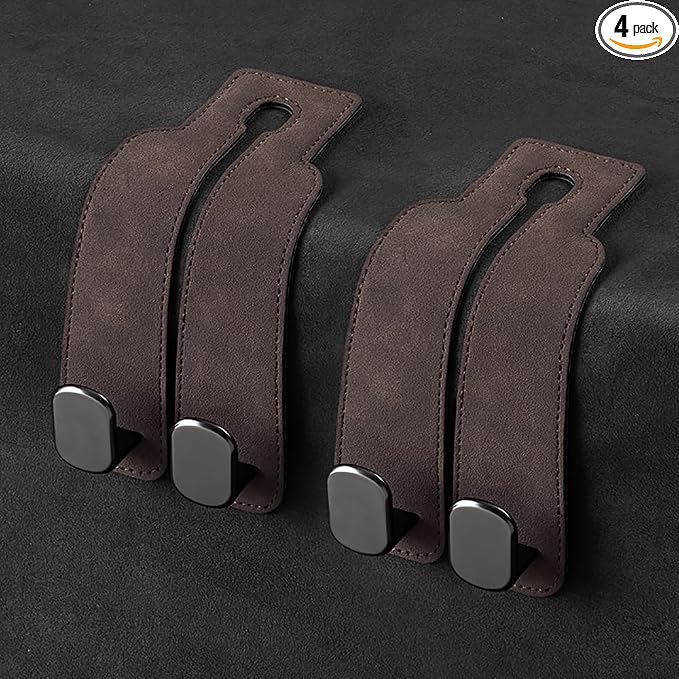 KINIVA Car Seat Headrest Storage Hooks, Set of 2, Suede PU Leather, Double Hooks (Brown) by KINIVAFashionJewelry