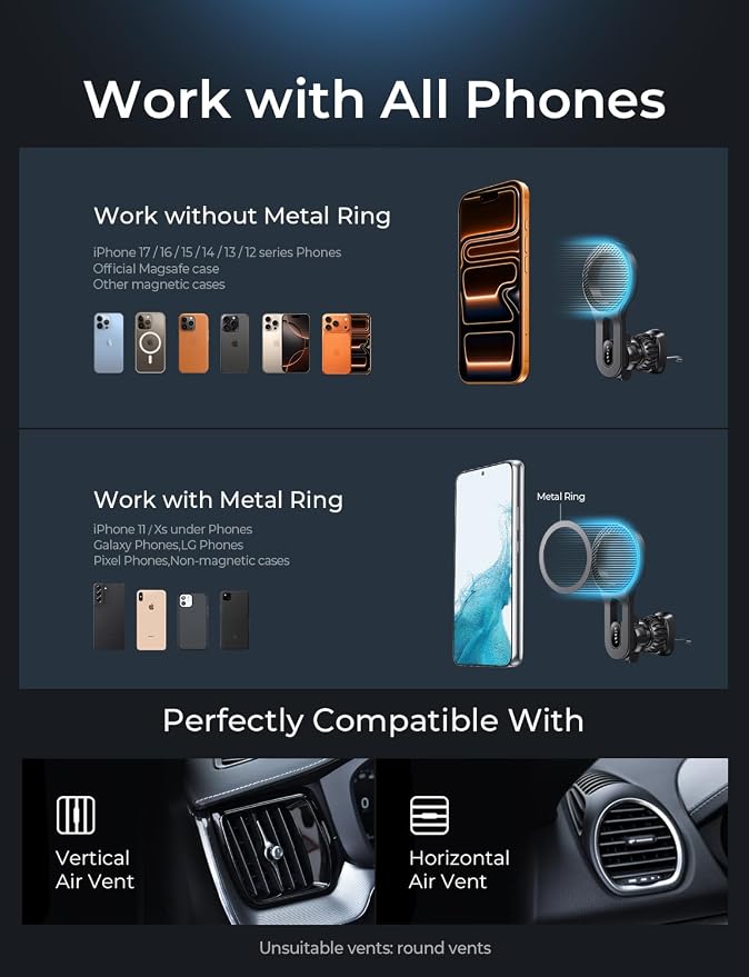 LISEN Upgraded for MagSafe Car Mount, Super Magnetic Phone Holders for Car Air Vent Car Phone Holder Mount, Car Magnet Phone Mount, Magnetic Car Phone Holder for iPhone 17-12 Series, Carbon Fiber | Upgraded Strongest Magnet Power, Metal Hook Clip, 360 ... - Image 8