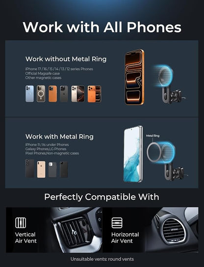 LISEN Upgraded for MagSafe Car Mount, Super Magnetic Phone Holders for Car Air Vent Car Phone Holder Mount, Car Magnet Phone Mount, Magnetic Car Phone Holder for iPhone 17-12 Series, Carbon Fiber | Upgraded Strongest Magnet Power, Metal Hook Clip, 360 ... - Image 8
