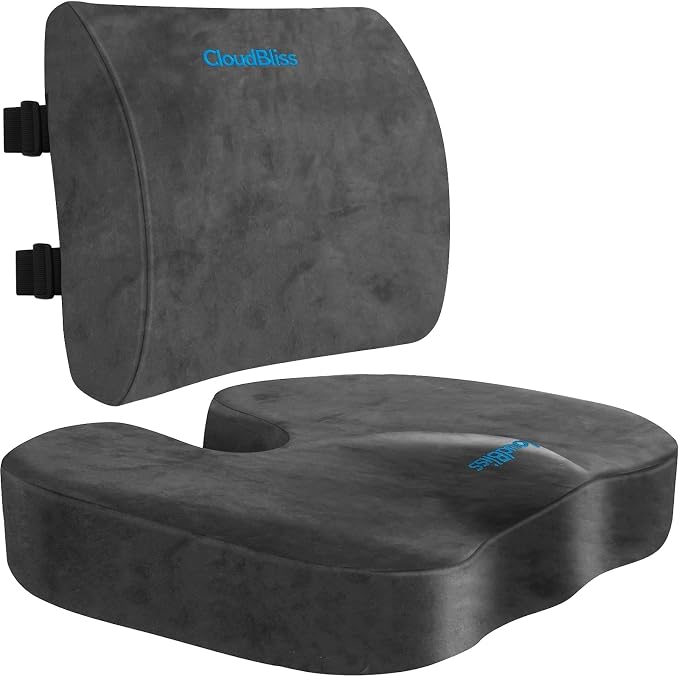 CloudBliss Ergonomic Seat Cushion & Lumbar Support Pillow Set, Grey, XL | Back Pain & Sciatica Relief, Memory Foam Support, Adjustable Straps, Machine Washable Velvet, Perfect for Office, Car, Gaming by CloudBliss