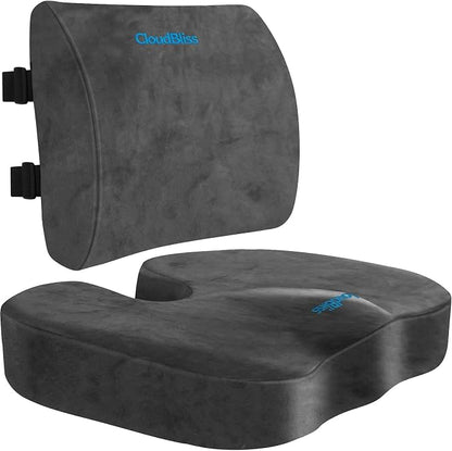 CloudBliss Ergonomic Seat Cushion & Lumbar Support Pillow Set, Grey, XL | Back Pain & Sciatica Relief, Memory Foam Support, Adjustable Straps, Machine Washable Velvet, Perfect for Office, Car, Gaming by CloudBliss