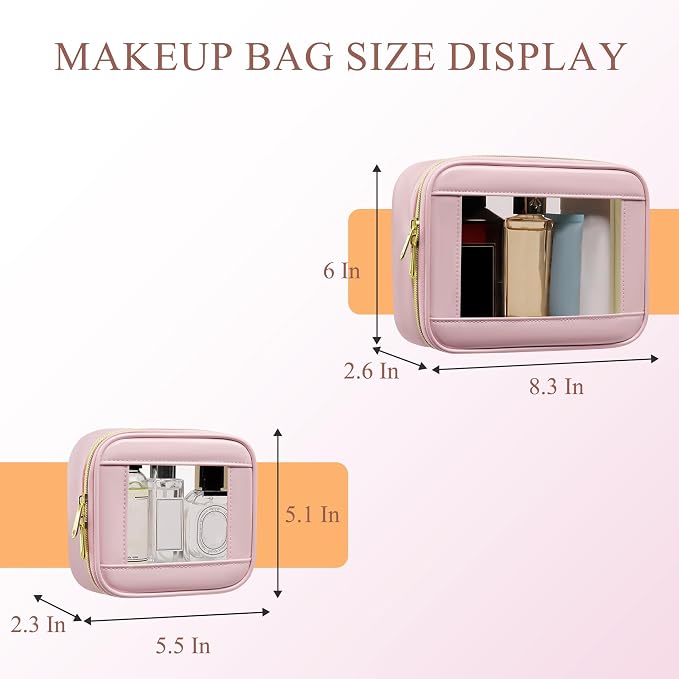 2-Piece Leather Clear Makeup Bags Set - Waterproof Clear Cosmetic Bag Case with Zipper, Transparent TSA Approved Toiletry Bag for Travel, Car Accessories for Women (Pink-2, Mini+Medium) - Image 2