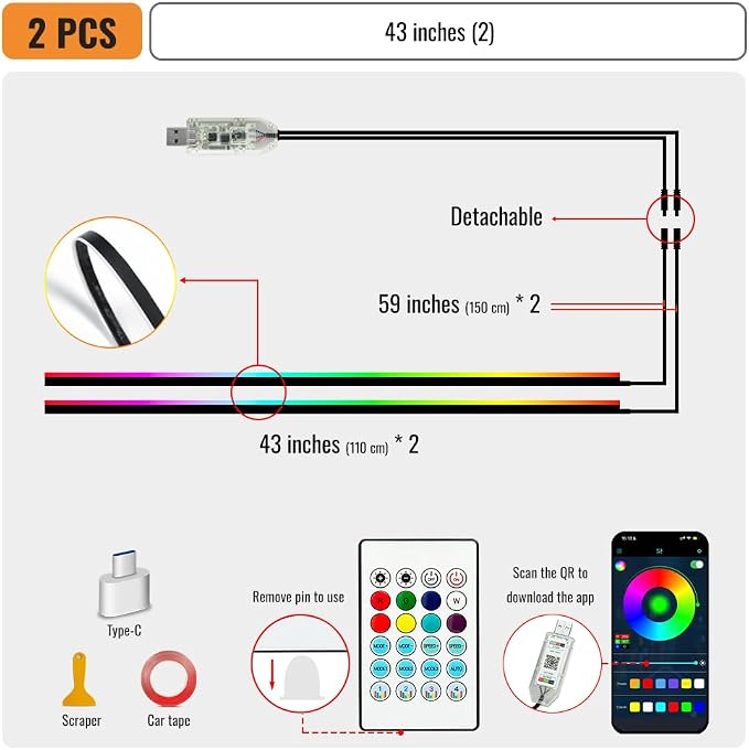 Ambient Lighting Car led Lights Interior, 43.3'' USB Powered Acrylic Neon Flexible Strip Model y Ambient Lighting kit with Remote APP,Dynamic RGB 2 in 1 Music Lights Sync for Inside car Decorations - Image 3