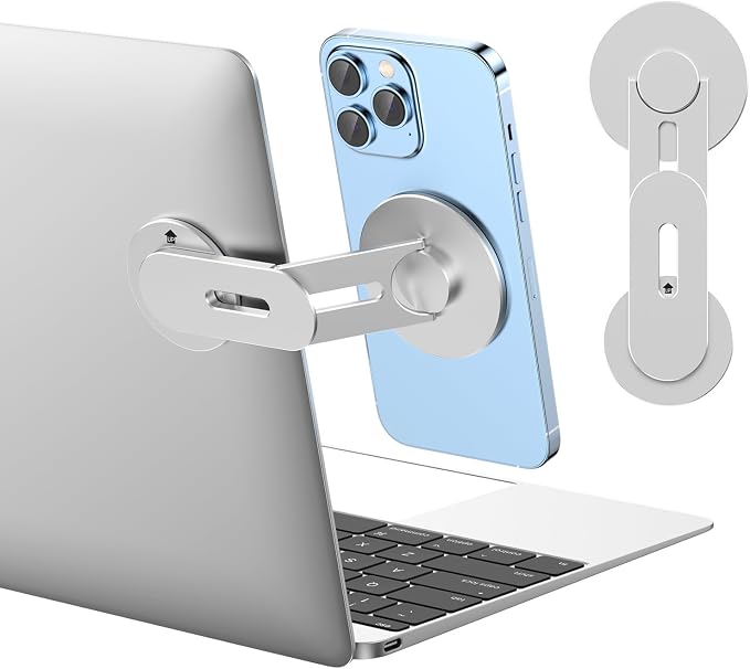 Magnetic Phone Holder for Laptop, MagSafe Laptop Phone Mount for iPhone 17/16/15/14/13/12 & All Phones, 180°Adjustable, Magnetic Phone Holder for Tesla Monitor (Silver) by Magnetic