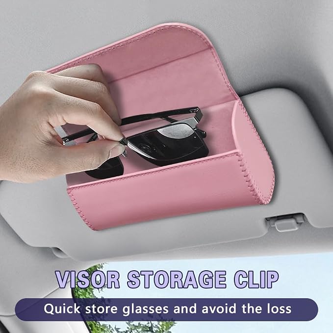 Sunglasses Holder for Car Sun Visor, Sunglass Organizer for Car, Magnetic Leather Eyeglasses Protective Storage Case, Waterproof Glasses Organizer Visor Accessories for Vehicles (Pink) - Image 3