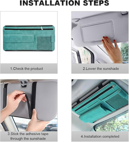 Car Sun Visor Organizer, Leather Sun Visor Pocket Organizer Case with Multi-Pocket Net Zipper, Suede Note Holder Car Visor Storage Pouch for Card Pen Sunglasses Document (Blue) - Image 6
