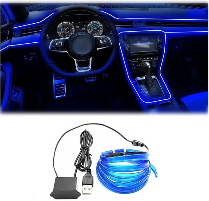 EL Wire Interior Car LED Lights, 16.5FT USB Ambient Lighting Strip, Blue | Neon Glowing Strobing Electroluminescent Wire, 6mm Sewing Edge, Inside Car Lighting Accessories by QVEVDACAR