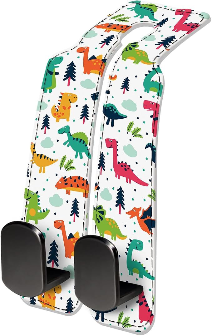 Car Seat Headrest Hook, Universal Leather Cute Hanger Holder Hook, Storage Organizer Interior Accessories for Purse Bags Handbag Colorful Cute Dinosaurs by NUGGHU