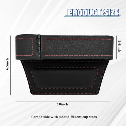 Car Seat Gap Filler Organizer with Cup Holder Expander, Leather Console Seam Filler Storage Box, Auto Front Seat Gap Organizer for Phones Keys Glasses, Universal Fit (Black/Red Driver) - Image 2