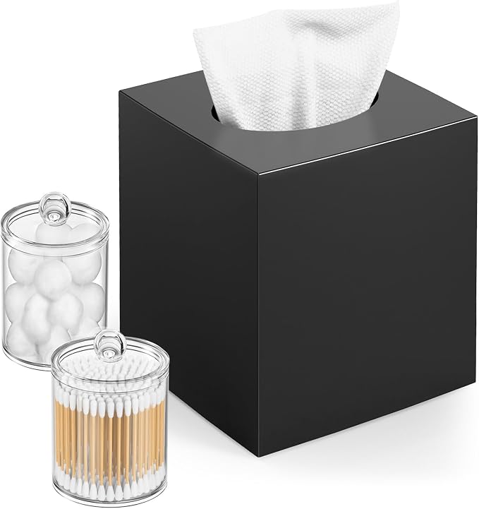Square Acrylic Tissue Box Cover with 2 Pcs Qtip Holder Dispenser,Black | Modern decor,plastic,bathroom vanity storage organizer set,non-slip,Easy to refill,size compatibility for tissue & rolls by Chintu