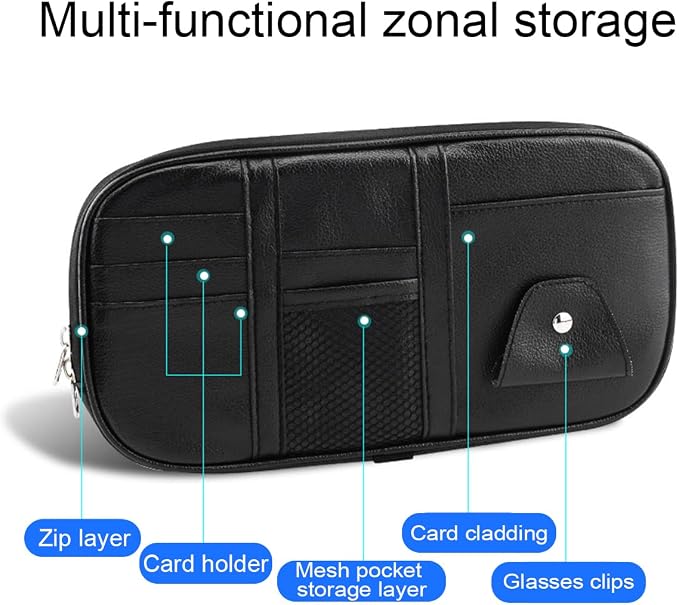 Car Sun Visor Organizer, Sunglass Holder and Storage Pocket, Card Cash Pouch with Multi-Pocket Net Zipper, Case Bag for License Pen Key, Auto Interior Accessories for Truck, SUV, Van (Black) - Image 5