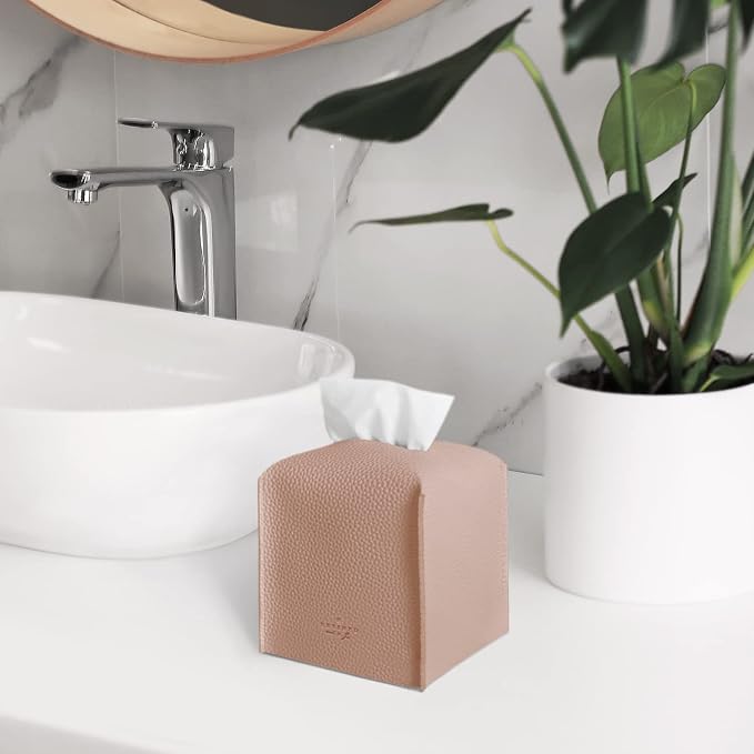 Carrotez Tissue Box Cover, [Refined] Modern PU Leather Square Tissue Box Holder - Decorative Holder/Organizer for Bathroom Vanity Countertop, Night Stands, Office Desk & Car 5"X5"X5" - Rose Pink - Image 8