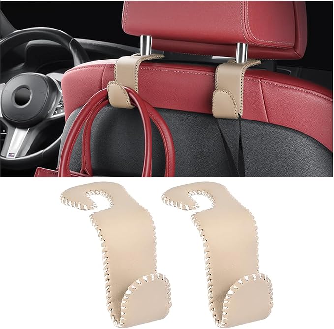 Zpana 2PCS Car Headrest Hooks Genuine U-Shaped Hanging Holder Beige | Genuine leather surface, suspended structure, rotates for front or back seat use, universal fit, automotive accessories by Zpana