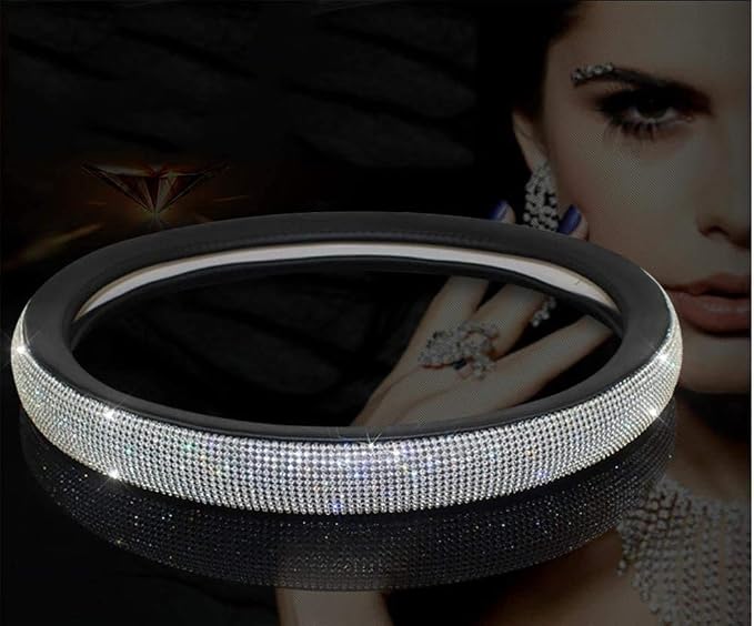 New Diamond Leather Steering Wheel Cover with Bling Crystal Rhinestones | Large-Size of 15 1/2 inches-16 inches Black - Image 3