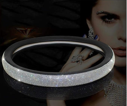 New Diamond Leather Steering Wheel Cover with Bling Crystal Rhinestones | Large-Size of 15 1/2 inches-16 inches Black - Image 3