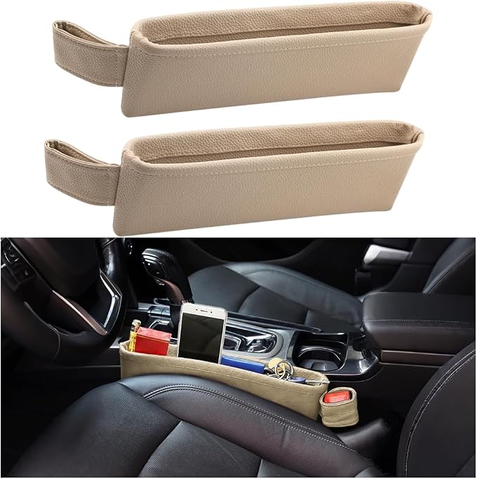 2PCS Car Seat Gap Filler Organizer, Leather Seat Gap Catcher Holder Pocket for Phones Keys Glasses, Auto Center Console Side Crevice Stopper Storage Box, Universal for Vehicles (Beige) by Unknown